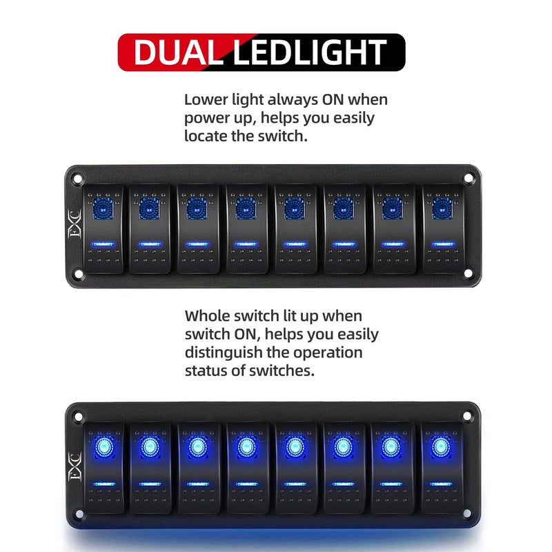 FXC Blue 8 Gang Rocker Switch Aluminum Panel Toggle Dash ON/Off Pre-Wired Switches Rocker Switch Panel Waterproof for 12V/24V Automotive Cars Marine Boats RVs Trailers - Image 2